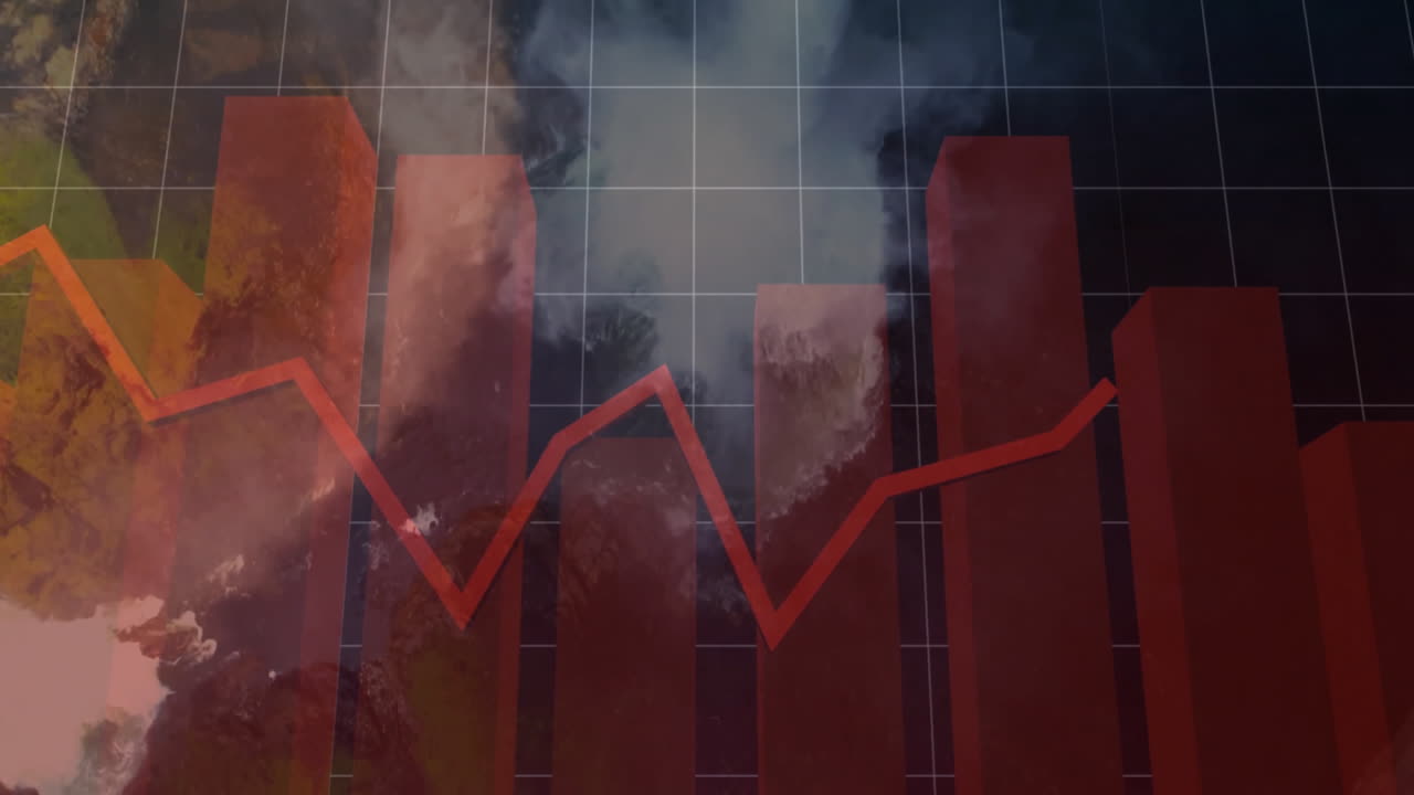 Animation of red bar graph and line chart overlaid on cloudy sky background