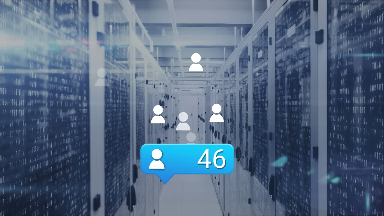 Animation of profile icon with increasing numbers and light spot against computer server room