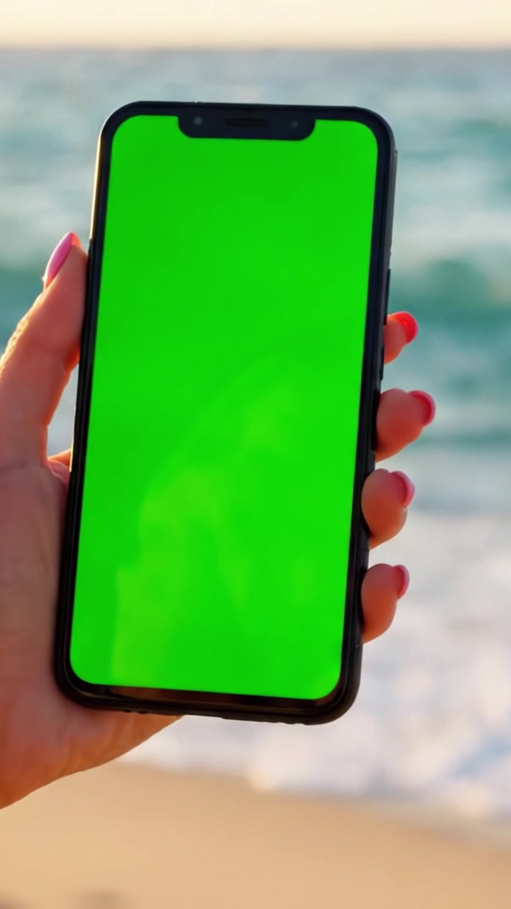 Catturando l'essenza di uno smartphone con uno schermo verde sulla spiaggia, evidenziando il potenziale creativo per la creazione di contenuti e progetti digitali.