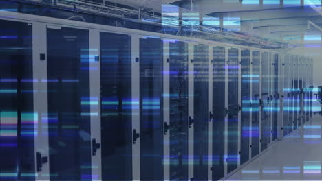 animation of blue mosaic sqaures and data processing against computer server room