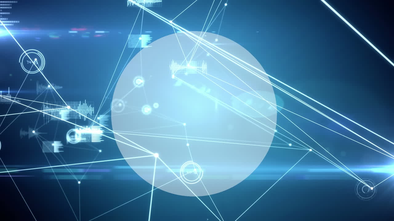 복사 공간이 있는 둥근 배너 위에 연결 네트워크와 데이터 처리의 디지털 애니메이션