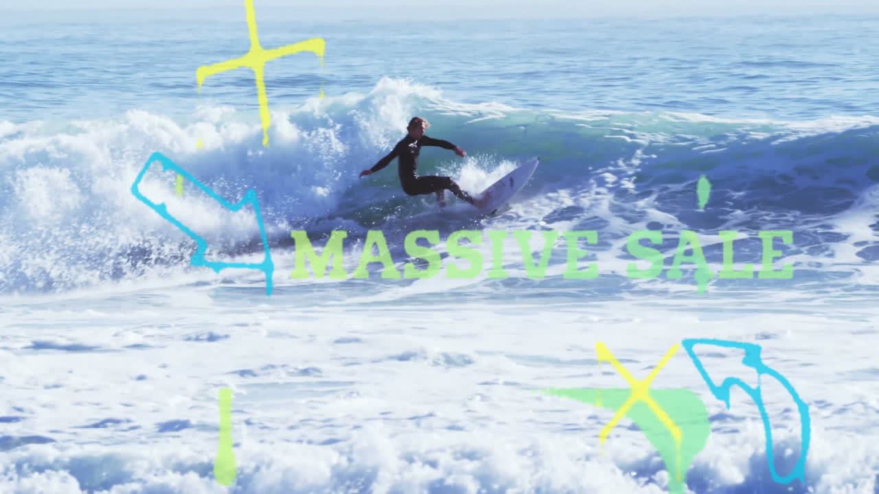 Animation of surfer riding wave with Massive Sale text and colorful doodles