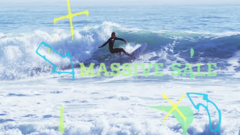 animation of surfer riding wave with massive sale text and colorful doodles