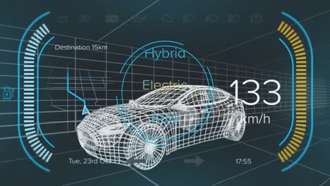 Animation-of-network-of-eco-icons-over-3d-car-drawing