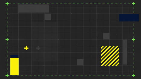 animation of lines forming squares, bar and grid pattern with falling squares over gray background
