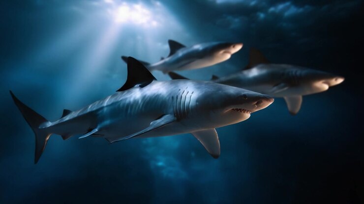 Three Majestic Sharks Glide Through the Deep Blue Sea, Illuminated by Rays of Light, Capturing the Majesty and Mystery of Ocean Predators in a Stunning Display.