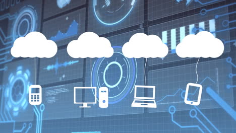 Animation of cloud computing icons with blue technology graphics on digital network