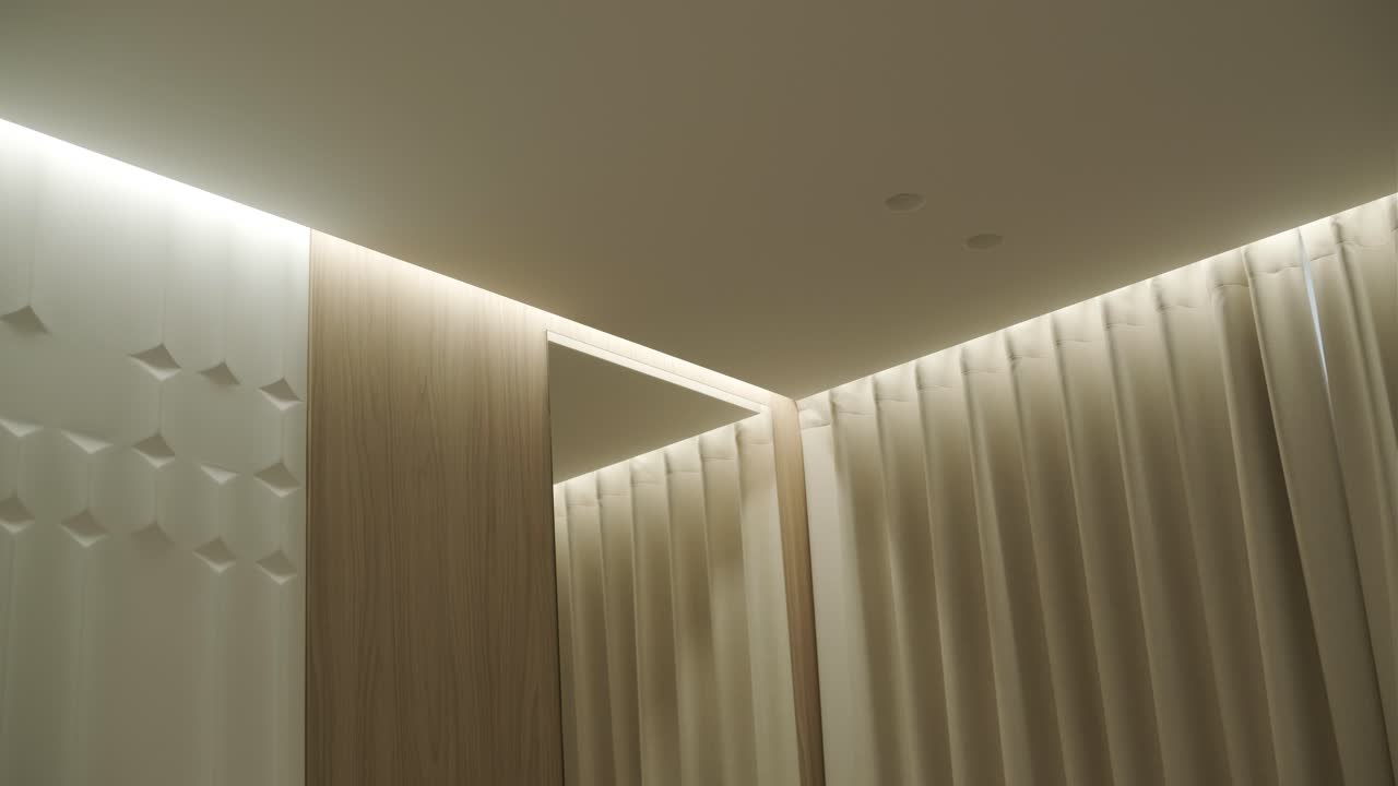 Modern Room Interior with Wood Paneling and Curtains