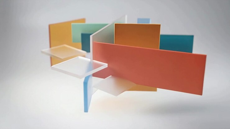 Shifting glass panels, shelves sliding and rotating in studio, camera dolly moving, forming stack