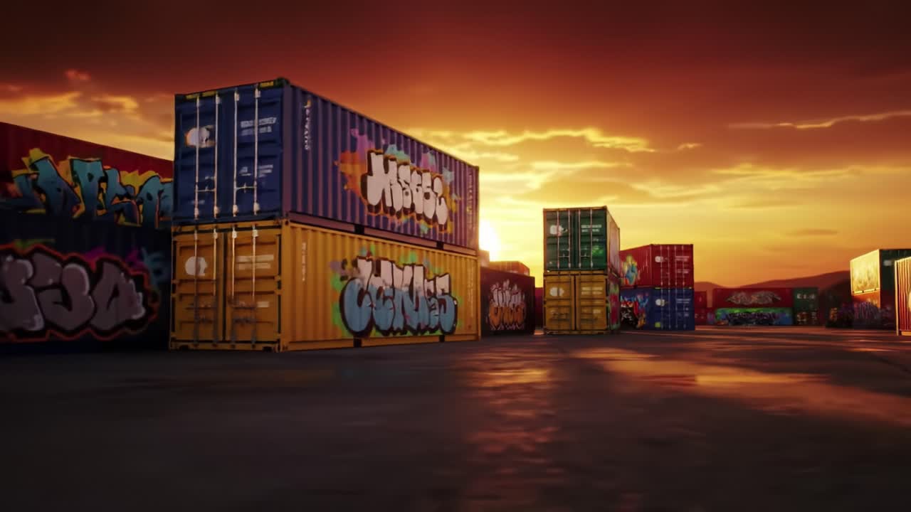 Vibrant Sunset over Graffiti-Decorated Shipping Containers Creating a Colorful Urban Landscape at Dusk