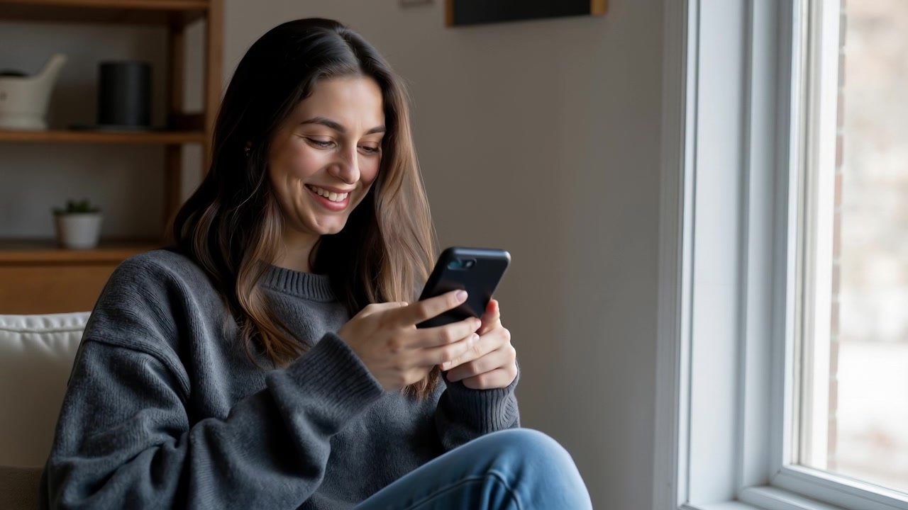 Giovane donna felice che sorride mentre usa il suo smartphone seduta su un divano.