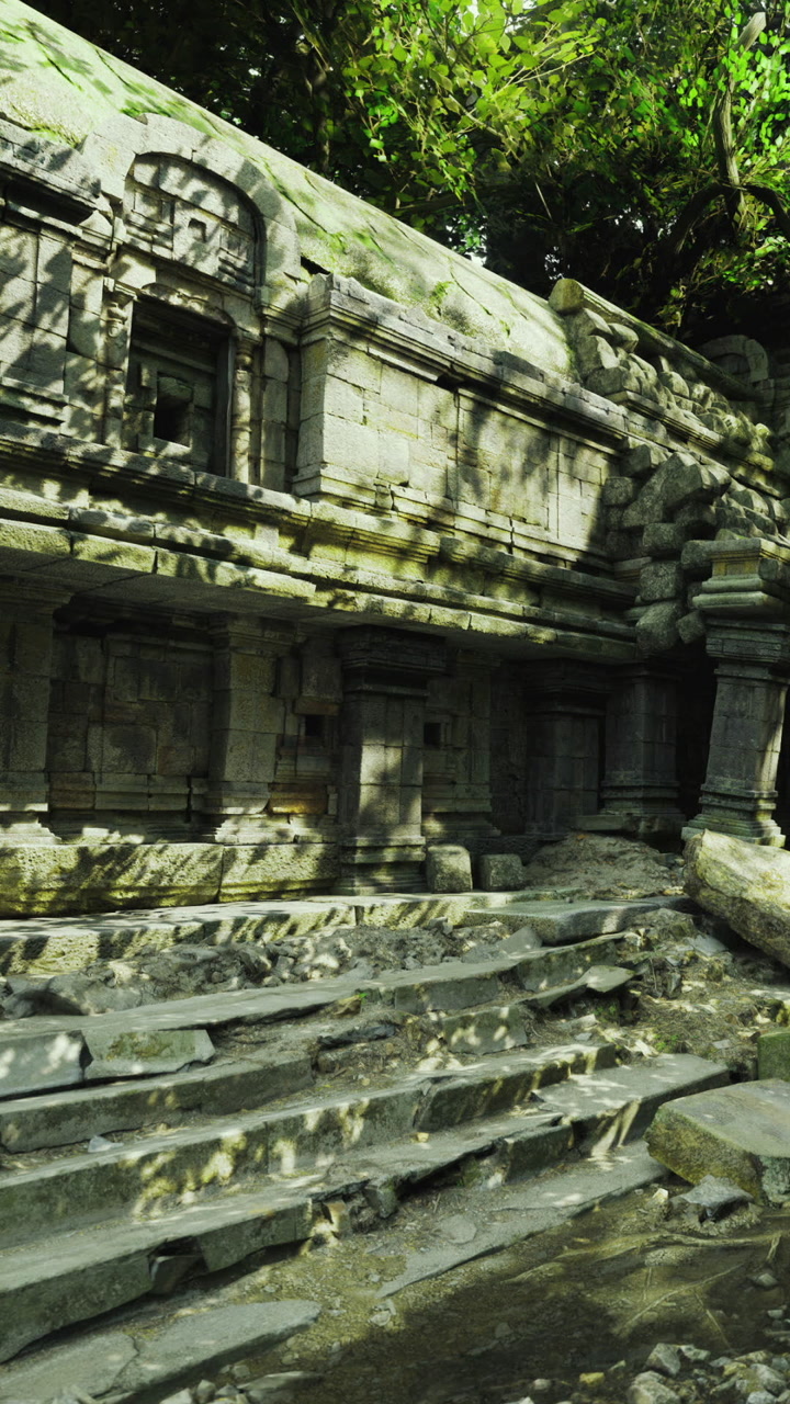 Ancient stone ruins hidden in lush greenery at twilight reveal natures embrace