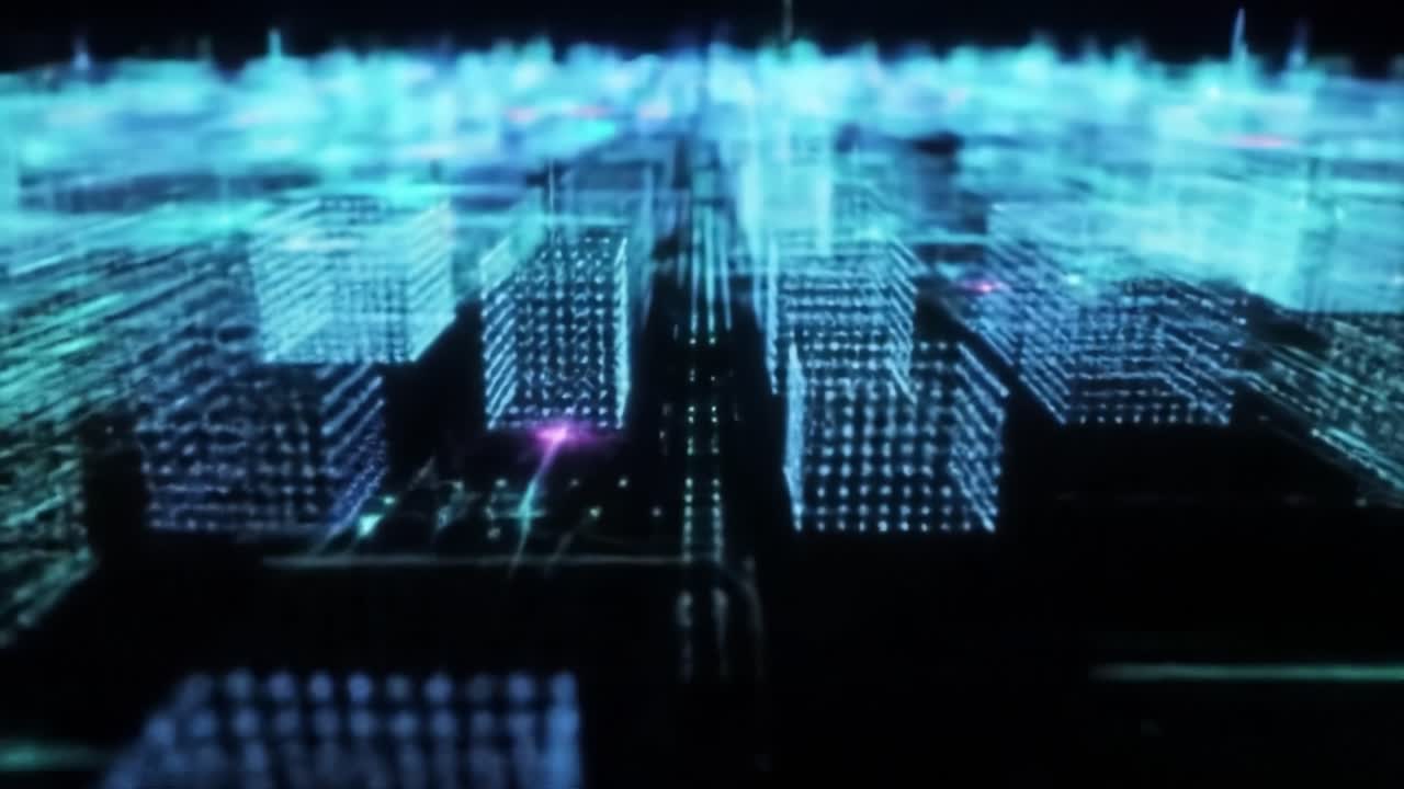 A Futuristic Digital Cityscape Rendered in Vibrant Neon Blue and Teal, Emphasizing Complex Patterns and Structures Within a Data-Driven Urban Environment