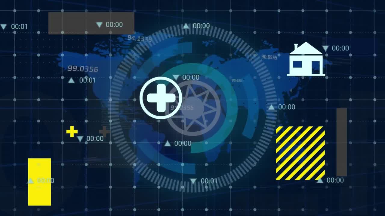 animación de estrella digital en círculos giratorios con iconos de aplicaciones móviles sobre el mapa en el fondo
