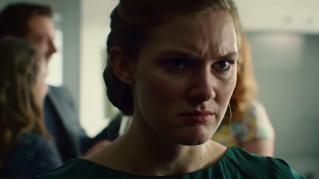 Intense Emotional Turmoil: A Woman Grappling with Inner Conflict Amidst a Social Gathering and Complicated Relationships Captured in a Moment of Raw Expression