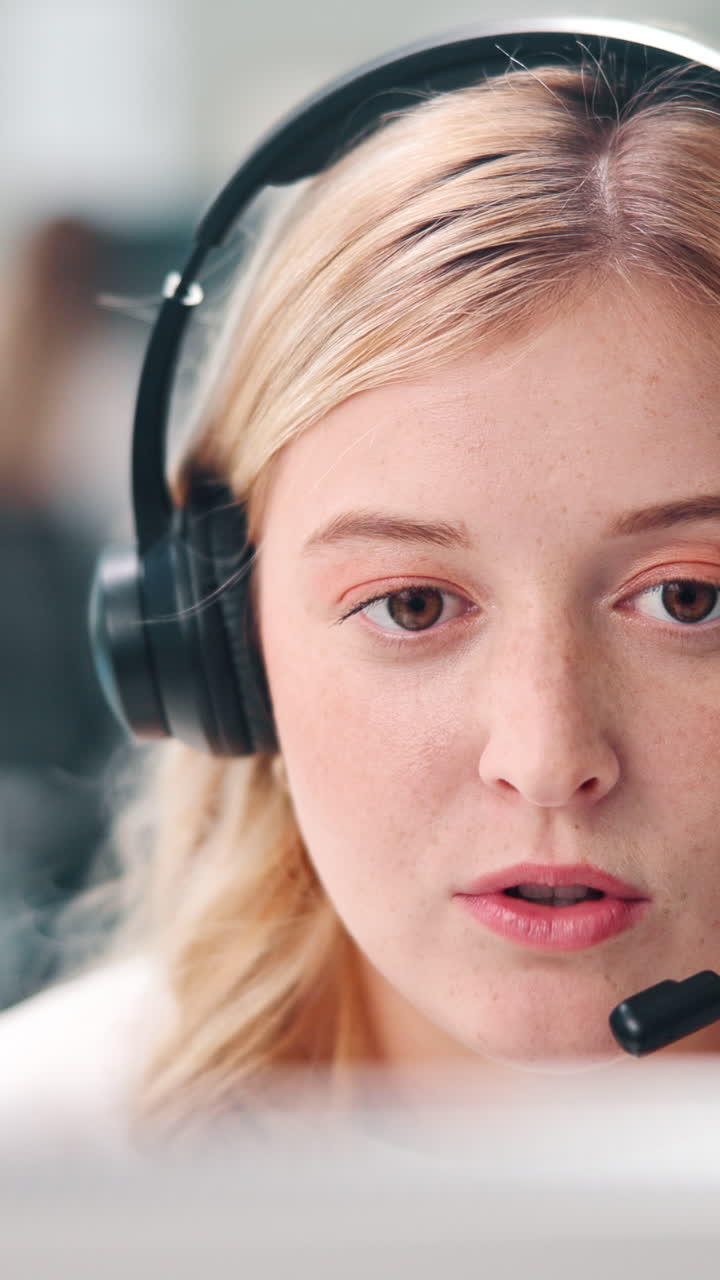 Ung kvinna som bär headset och pratar i callcenter
