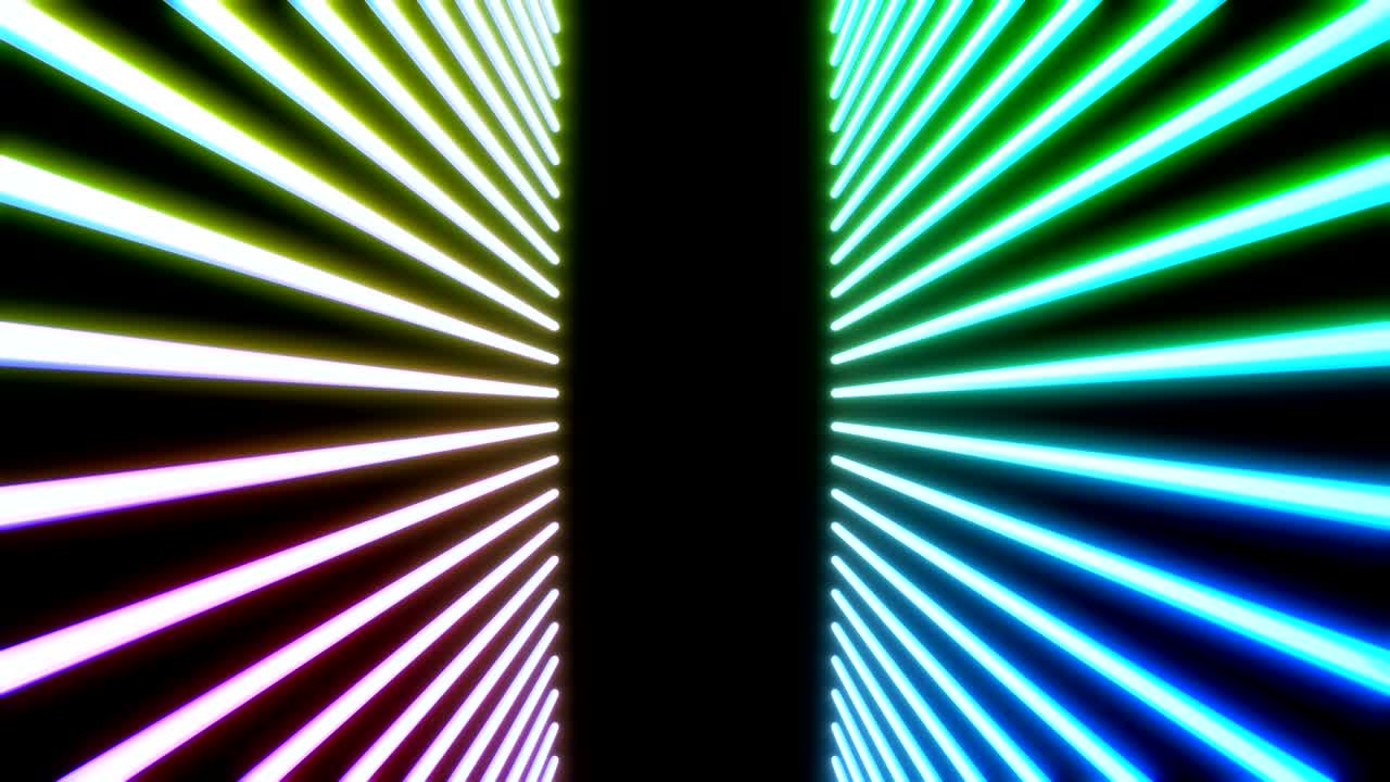 Bright glow neon light laser lines on black color. Colorful abstract fluorescent geometric background. Loopable futuristic 3d render. Modern fashion animation for design broadcast, show, club.