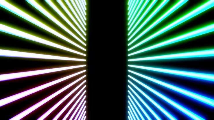 Bright glow neon light laser lines on black color. Colorful abstract fluorescent geometric background. Loopable futuristic 3d render. Modern fashion animation for design broadcast, show, club.