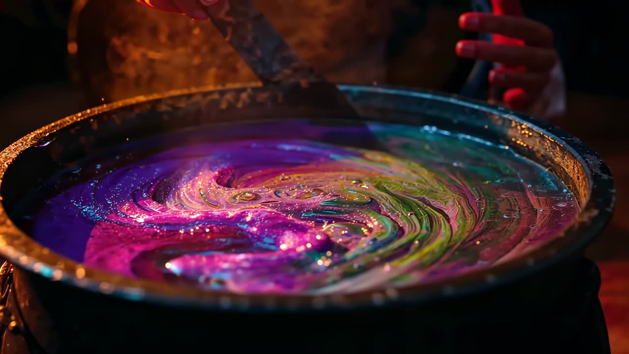 Breaking surface tension with spatula hand stirring neon mix in pan on bench creating galaxy swirl