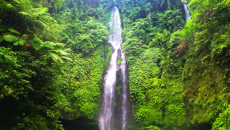 hikers standing below cascading fiji waterfalls in jungle valley, bali