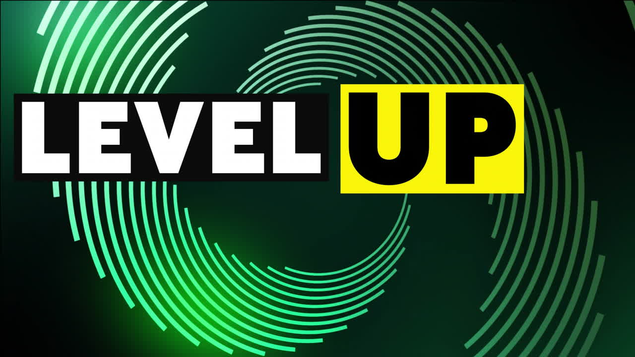 animación de texto de nivel sobre patrones circulares verdes en fondo oscuro