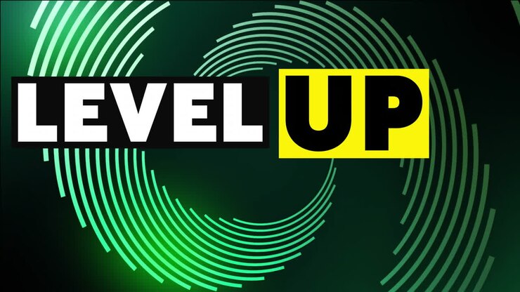 Level up text animation over green circular patterns on dark background