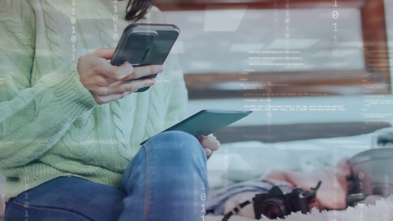 Woman tapping phone, inspecting passport preparing trip on bed while binary overlay revealing data
