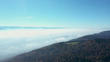 A-drone-flies-over-an-alpine-forest-with-views-across-a-large-lake-and-in-the-distant-haze-a-majestic-view-of-the-Mont-Blanc-massive-and-high-peaks-of-the-Swiss-and-French-alps