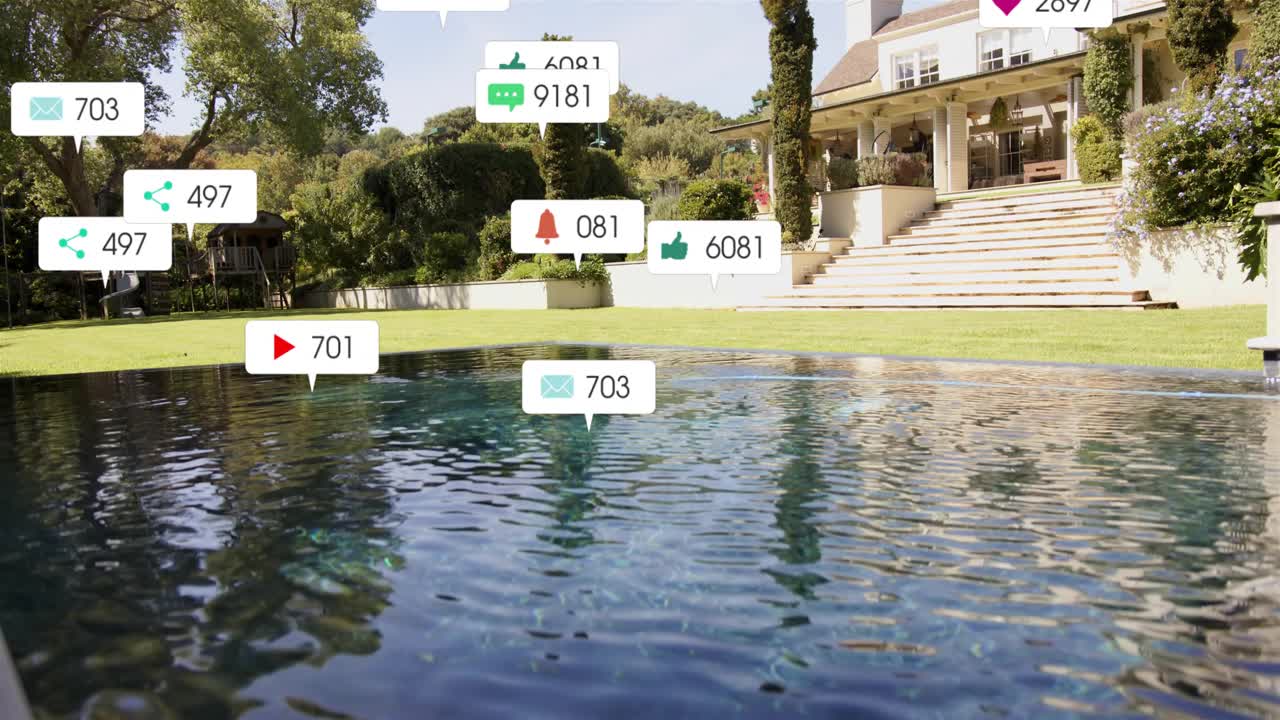 Low-angle pan starting badges spawning over rippling pool, clustering, drifting, showing growth 814