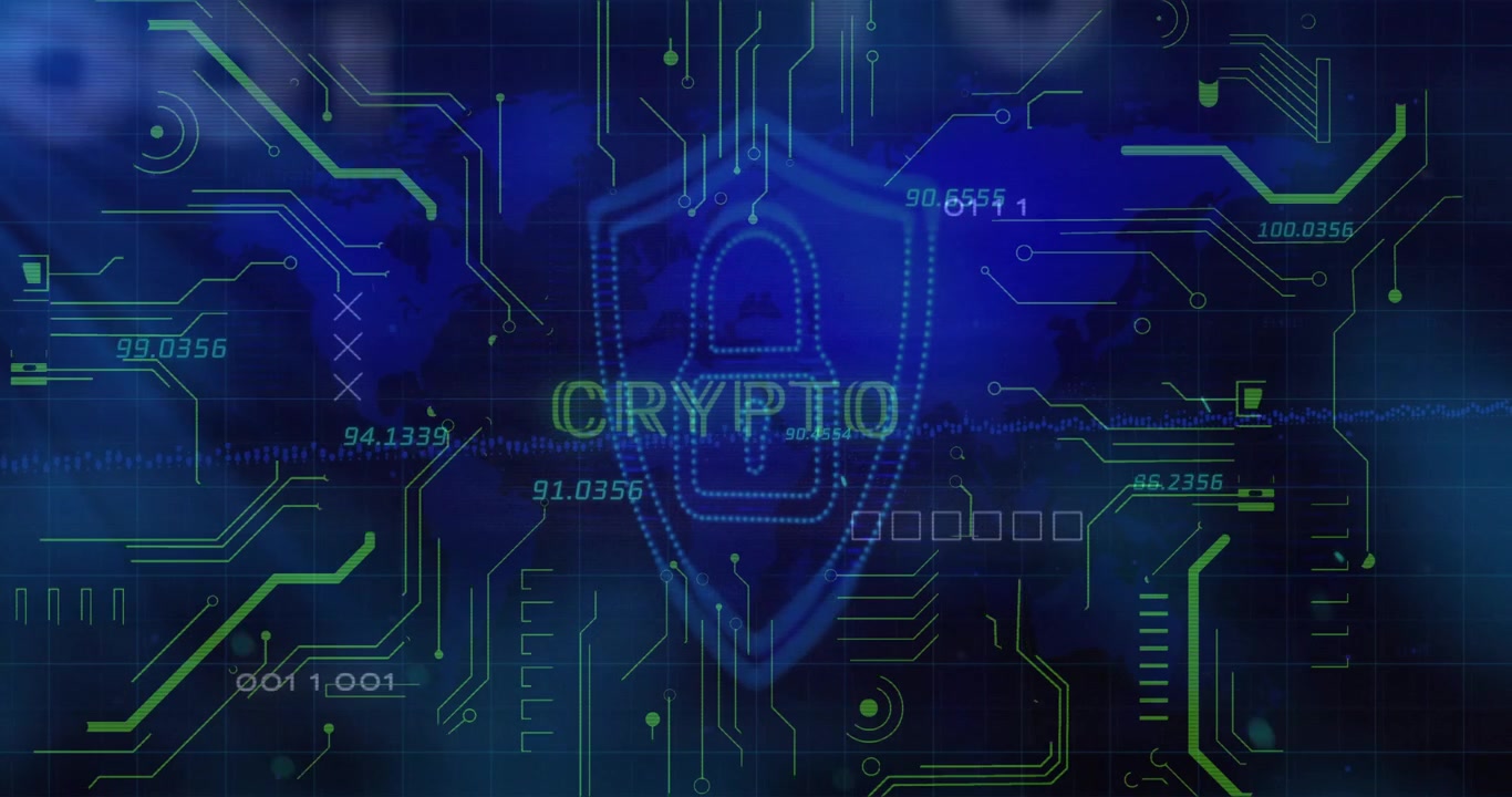 World map fading triggers numbers floating and neon circuits tracing toward shield securing crypto
