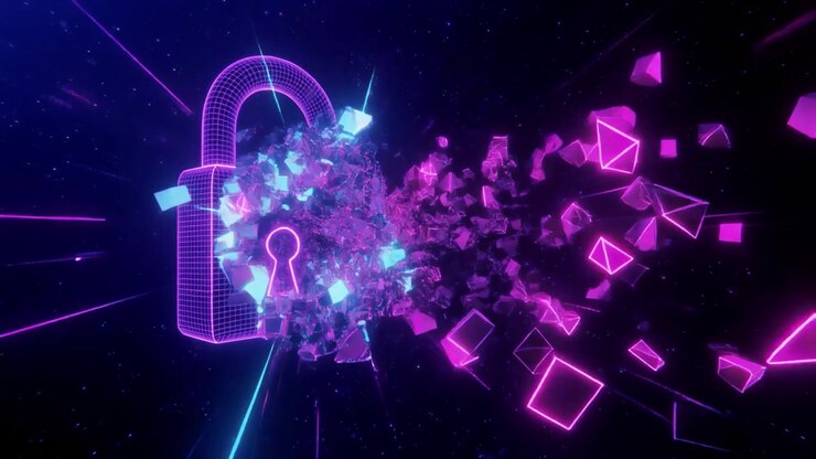 Digital Padlock Breaking Apart in Neon Cyber Space