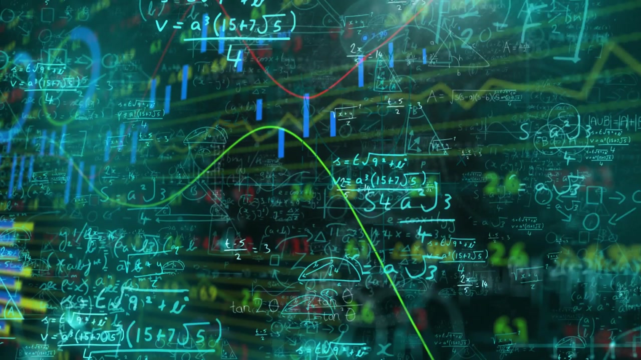 Finance math layers moving, teal flare popping, showing trend, rising candles showing market shifts