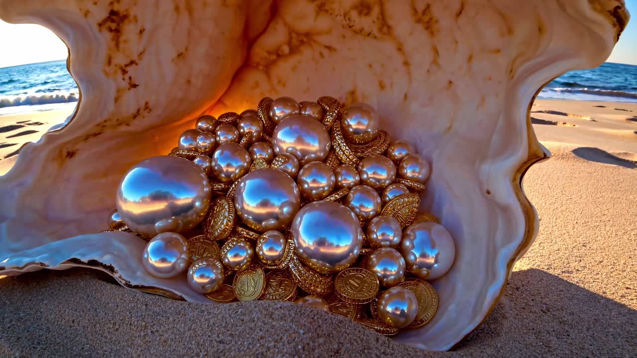 Large, iridescent pearls and gold coins resting in a giant seashell on a sandy beach, glowing under the warm sunset, create a captivating scene of hidden treasure