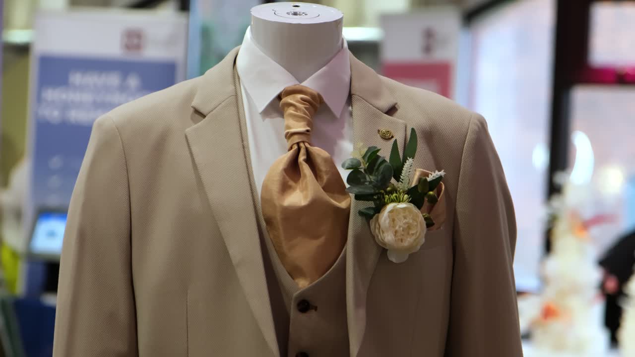 Medium shot of beige male wedding suit with flowers at local market weeding fair.
