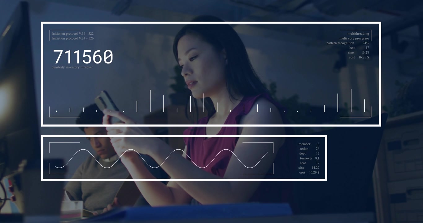 Woman moving phone at desk HUD outline appearing and animating charts tracking business metrics