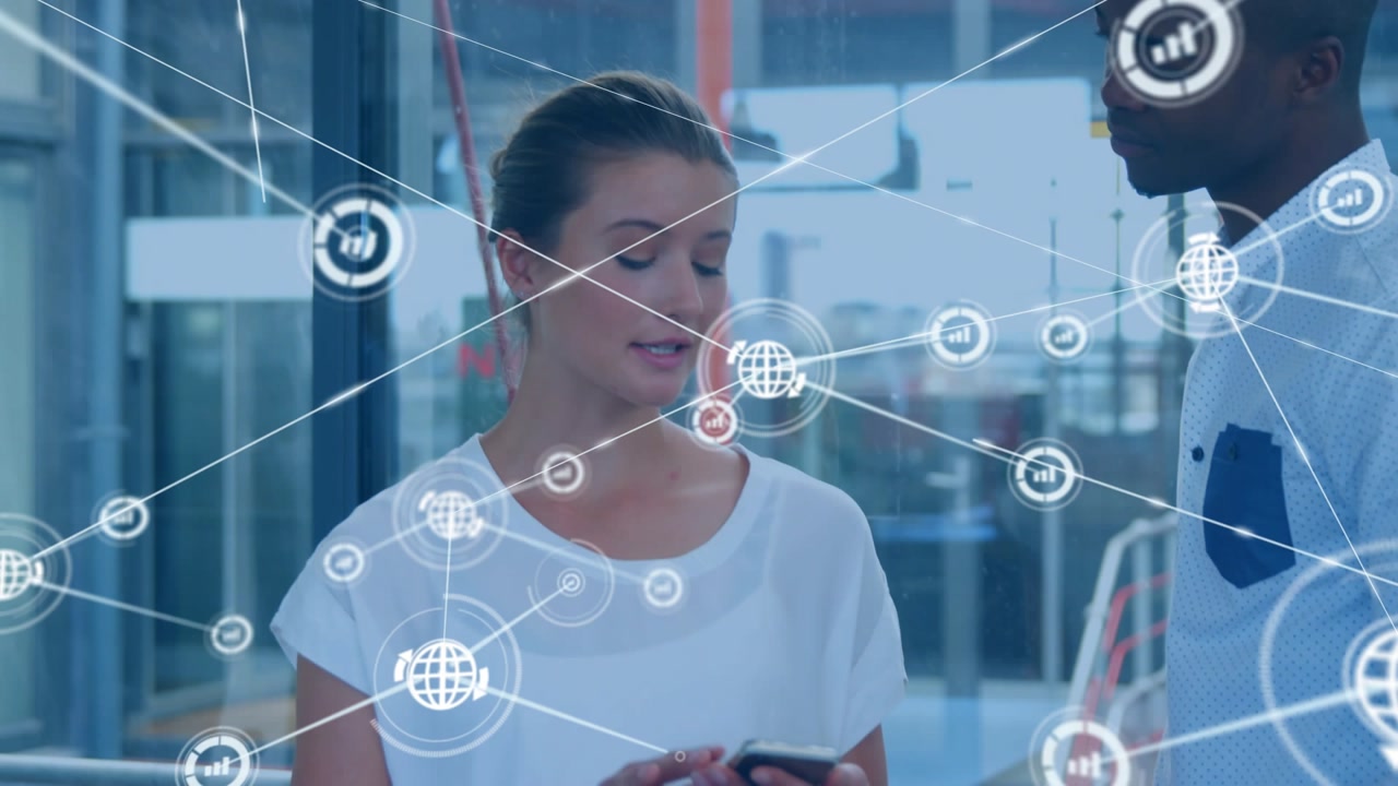 woman holding phone and speaking, starting tech overlay showing network data, nodes engulfing peer