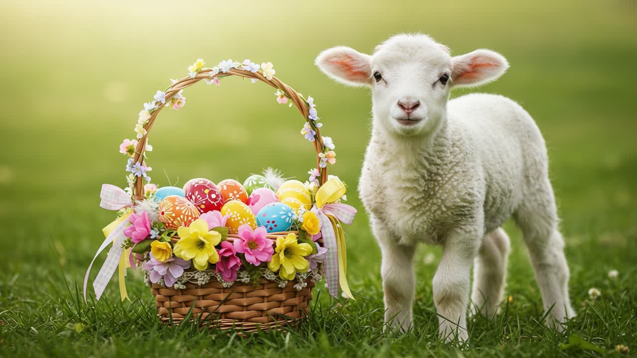 Charming Spring Scene Featuring a Playful Lamb Beside a Colorful Easter Basket Filled with Eggs and Flowers, Capturing the Essence of Joyful Celebrations and Nature's Beauty