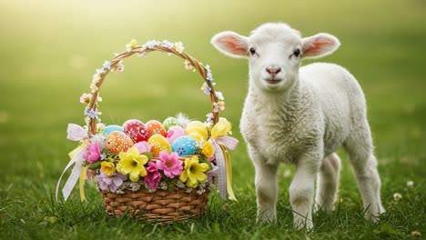 charming spring scene featuring a playful lamb beside a colorful easter basket filled with eggs and flowers, capturing the essence of joyful celebrations and nature's beauty