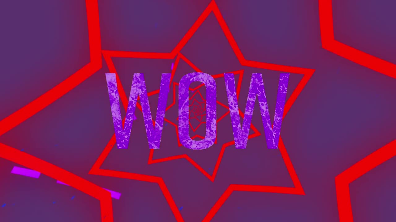 보라색 배경의 별 모양 위에 와우 텍스트의 애니메이션