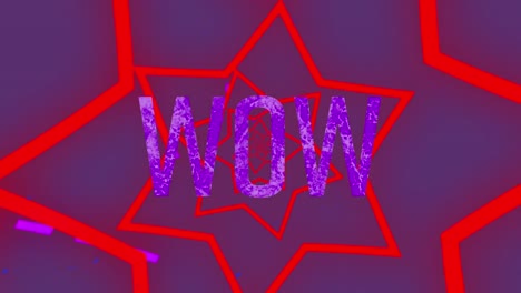 animation of wow text over star shapes on purple background