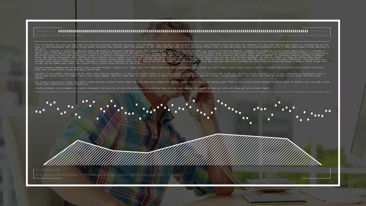mature man glancing at monitor and writing, causing HUD overlay displaying changing business graphs