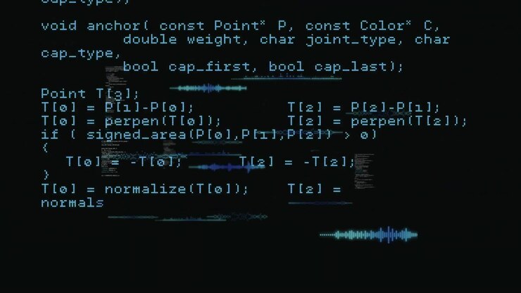 Monospaced cyanblå kodetekst animeres på en mørk terminal, viser glitch-bølgeformer i fladt design