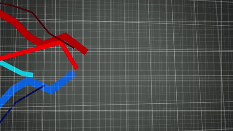 animación de líneas rojas y azules que se mueven y procesan en la cuadrícula