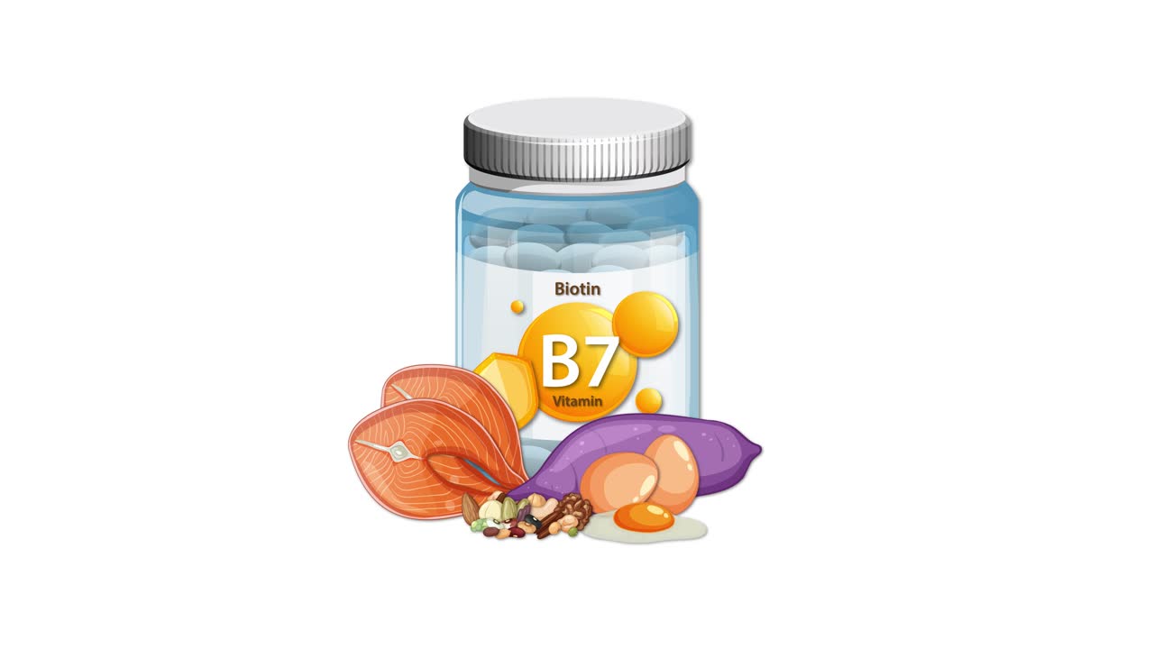 Biotin supplement bottle with vegetables and nuts appearing, isolated on white, smooth camera transition