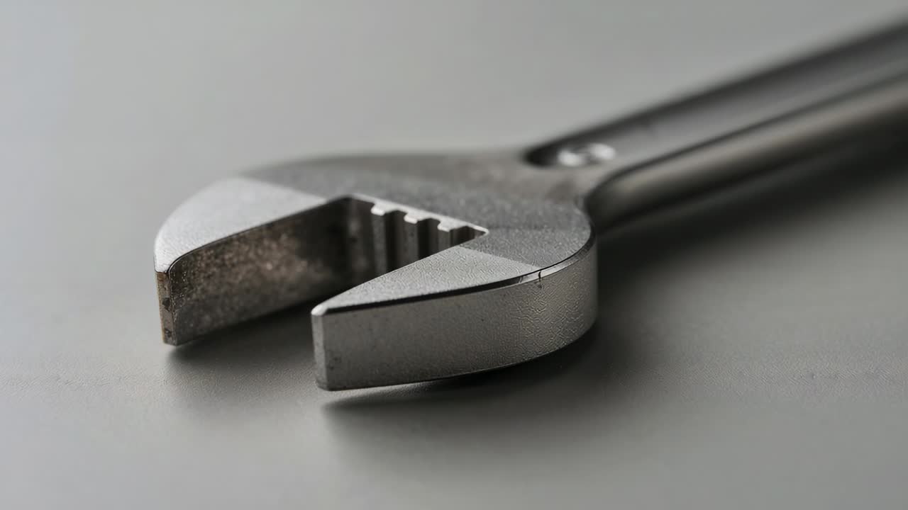 Capturing camera autofocus shifting focus on grey tabletop, highlighting adjustable open-end wrench
