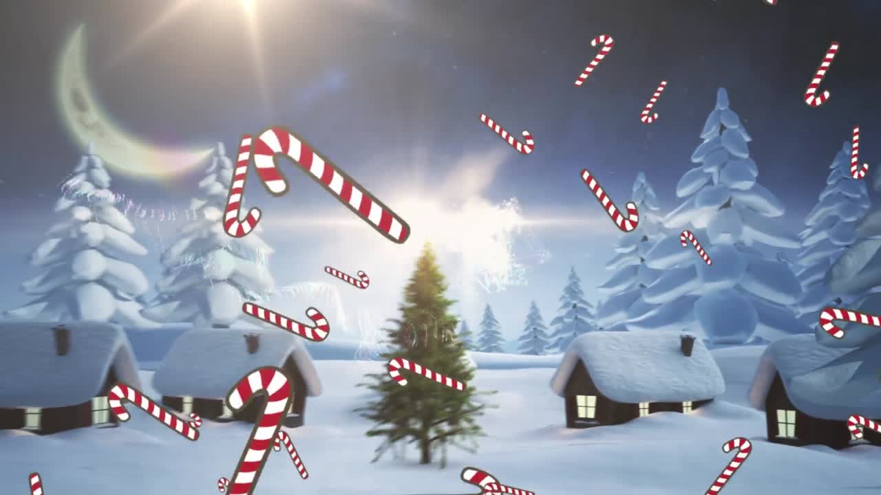 Happy holidays text and multiple candy cane icons falling over christmas tree on winter landscape
