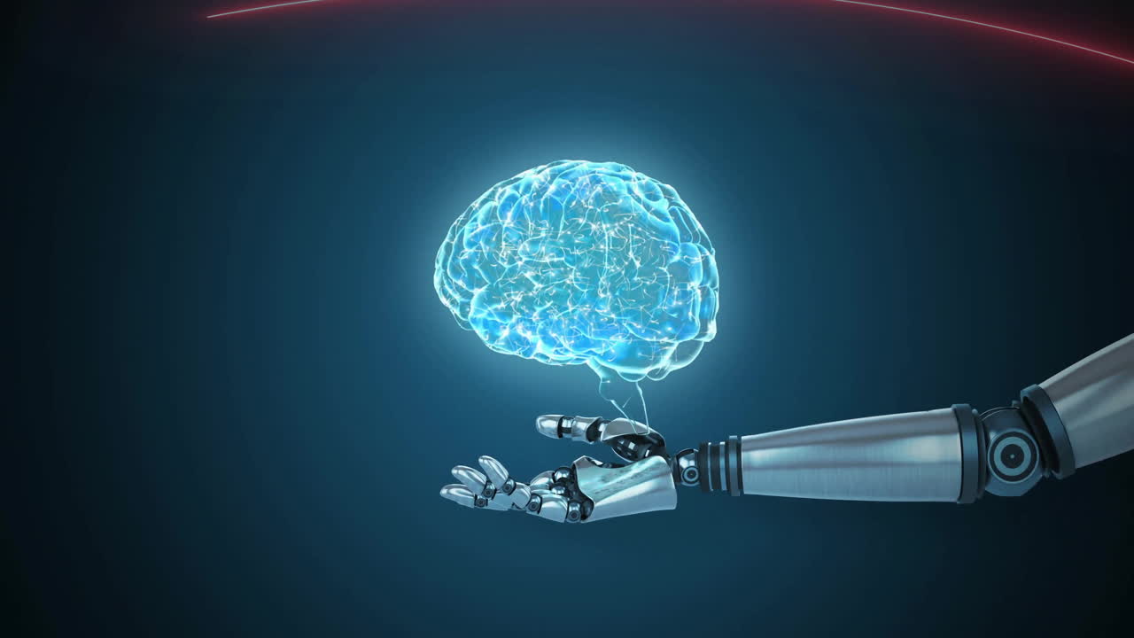 Animation of glowing brain hovering above extended robot hand and arm, on dark background