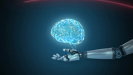 Animation-of-glowing-brain-hovering-above-extended-robot-hand-and-arm,-on-dark-background