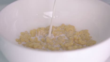 el hombre prepara el desayuno llenando cereales en un tazón con leche
