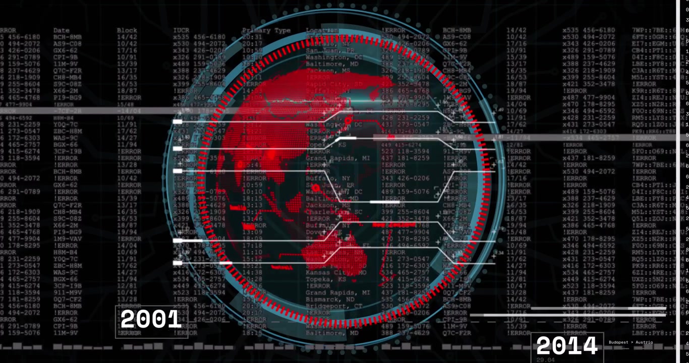 Animation af digital grænseflade med databehandling og globus på sort baggrund